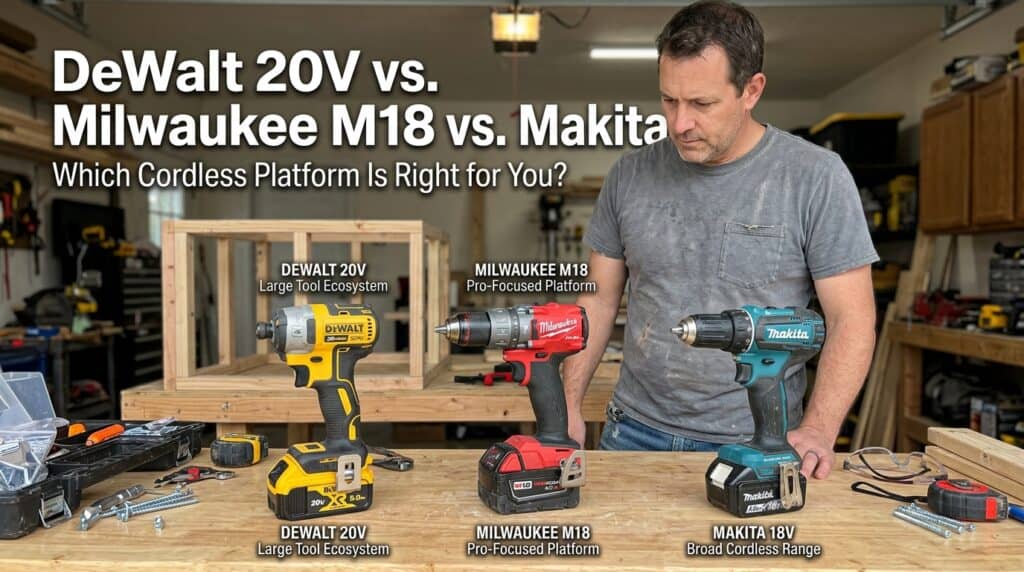 Comparison of DeWalt, Milwaukee, and Makita cordless drills for power tools.