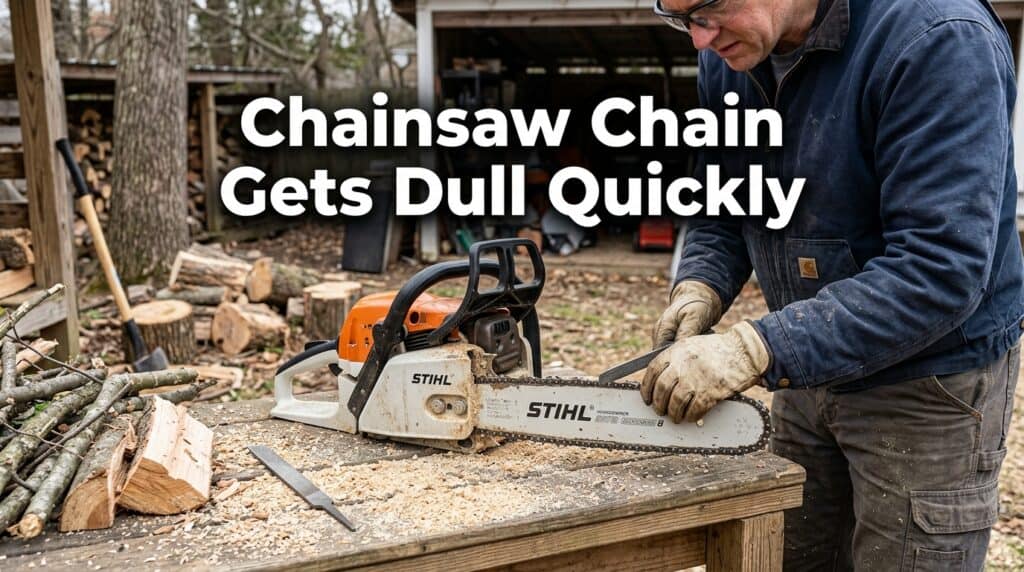 Man sharpening a chainsaw chain outdoors with a Stihl chainsaw.