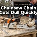 Man sharpening a chainsaw chain outdoors with a Stihl chainsaw.