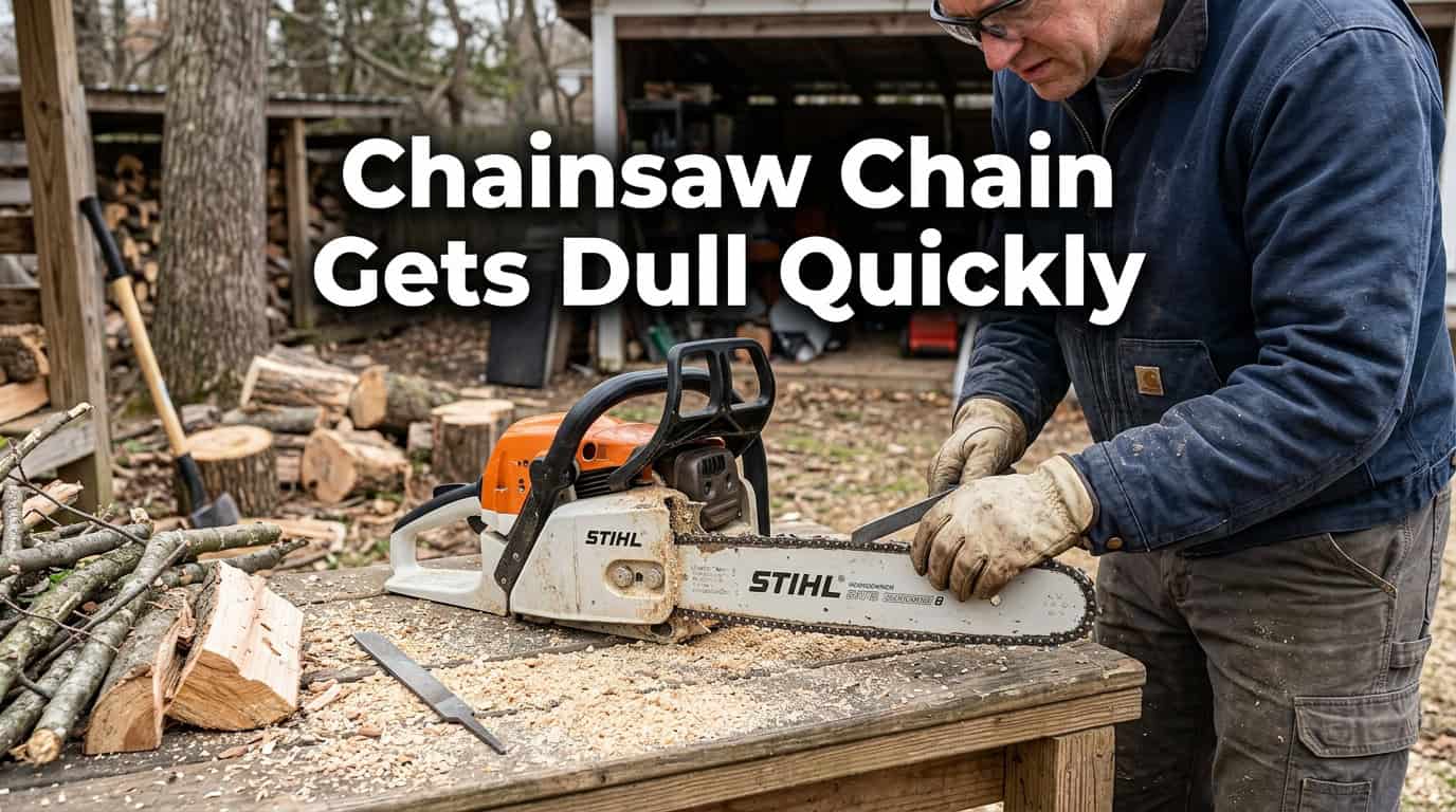 Man sharpening a chainsaw chain outdoors with a Stihl chainsaw.