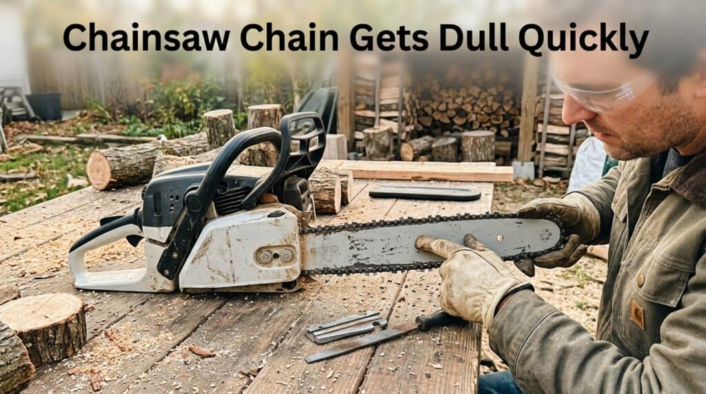 Man inspecting a dull chainsaw chain in a woodworking workshop.