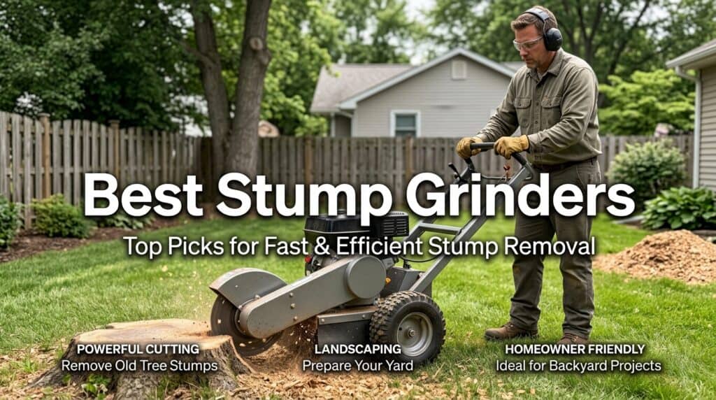 Man using a walk-behind stump grinder in a backyard.