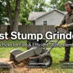 Man using a walk-behind stump grinder in a backyard.