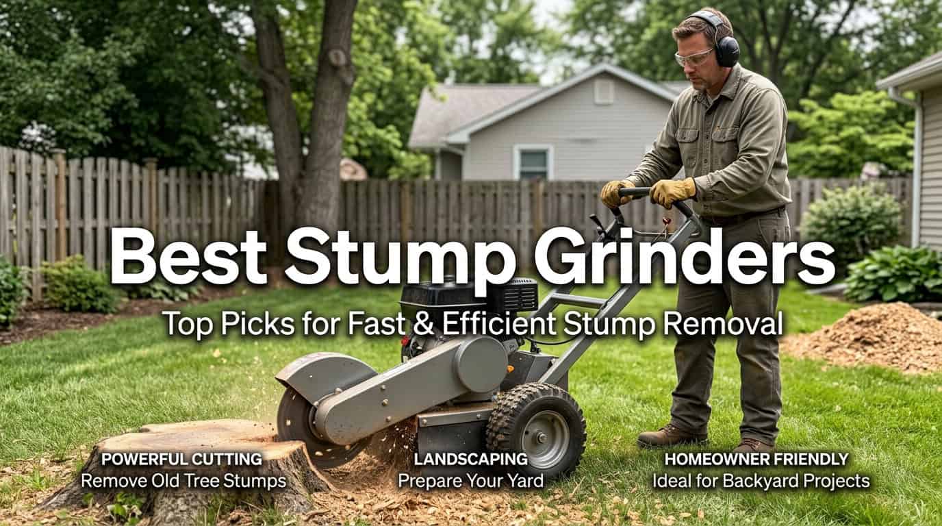 Man using a walk-behind stump grinder in a backyard.
