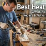 Man using a heat gun for DIY projects in a workshop setting.