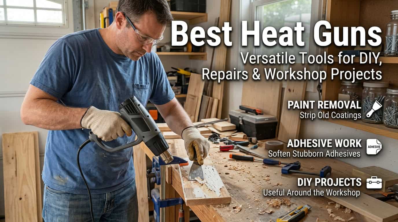 Man using a heat gun for DIY projects in a workshop setting.