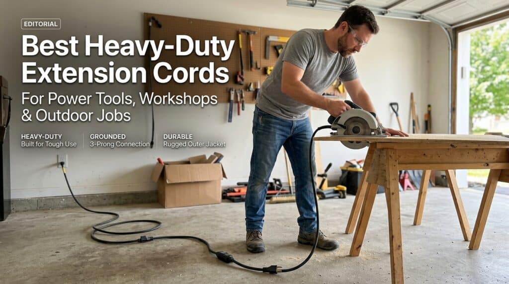 Man using a heavy-duty extension cord with power tools in a workshop.