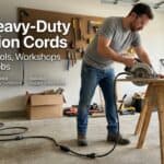 Man using a heavy-duty extension cord with power tools in a workshop.