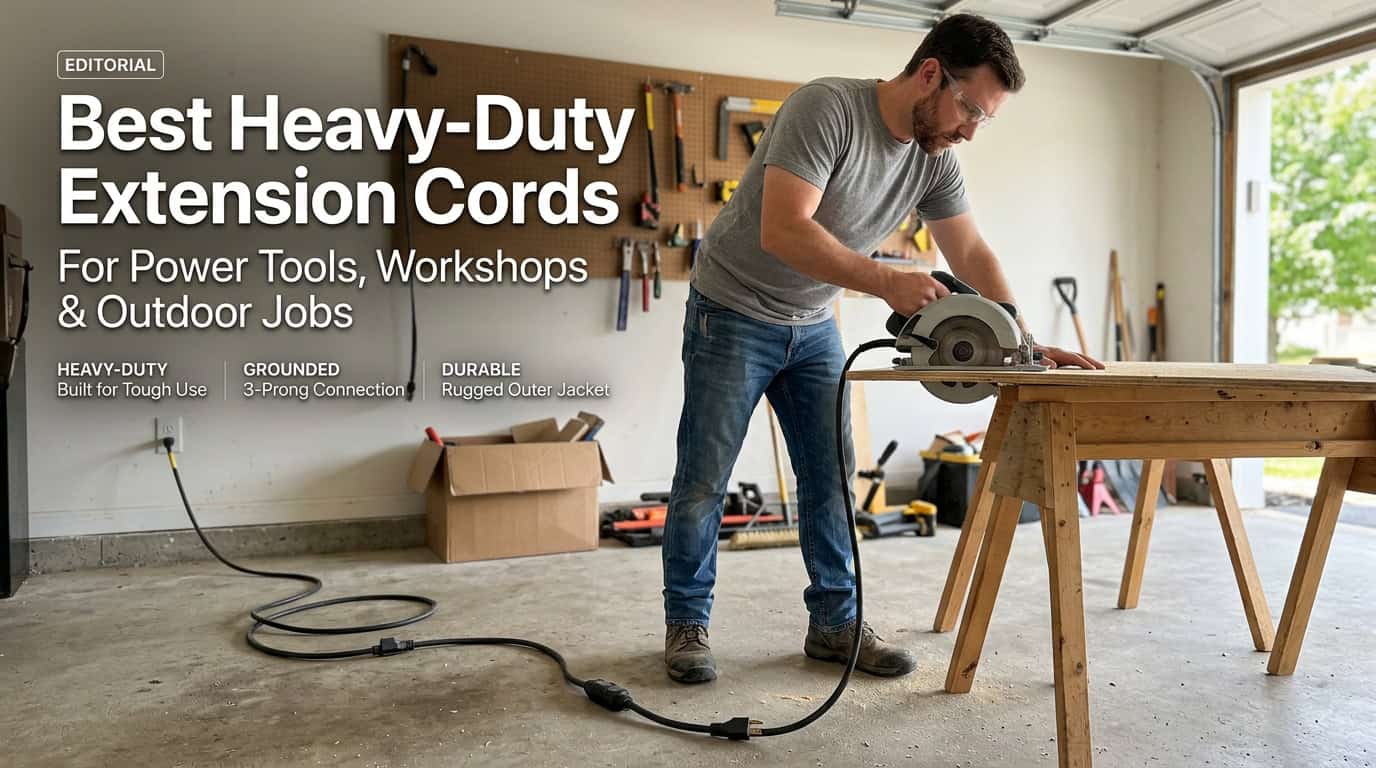 Man using a heavy-duty extension cord with power tools in a workshop.