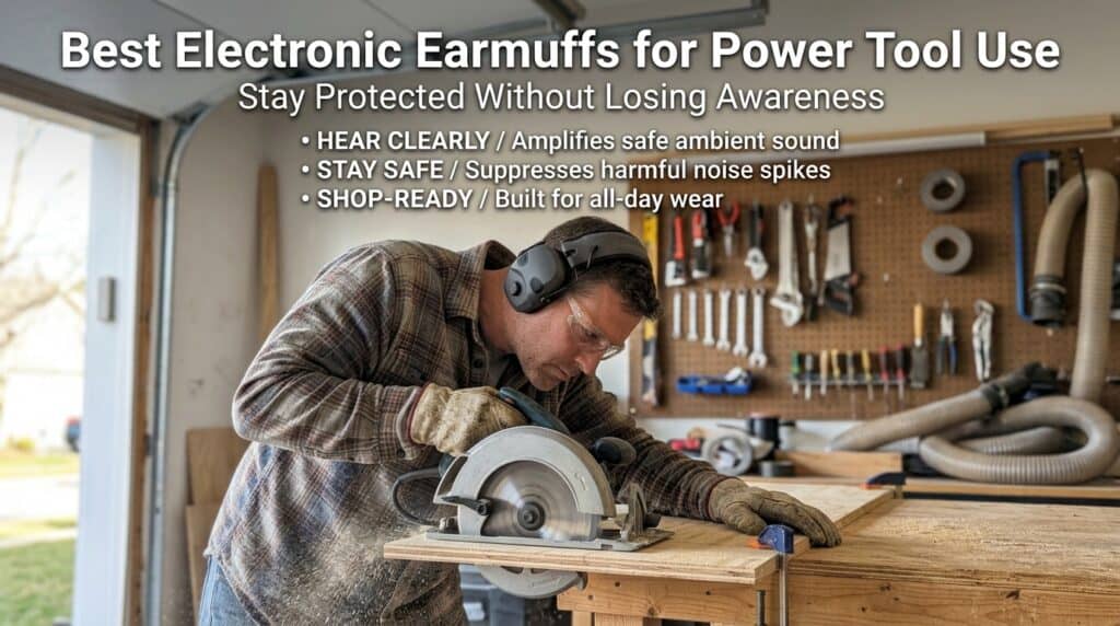 Man wearing electronic earmuffs using a saw in a workshop.