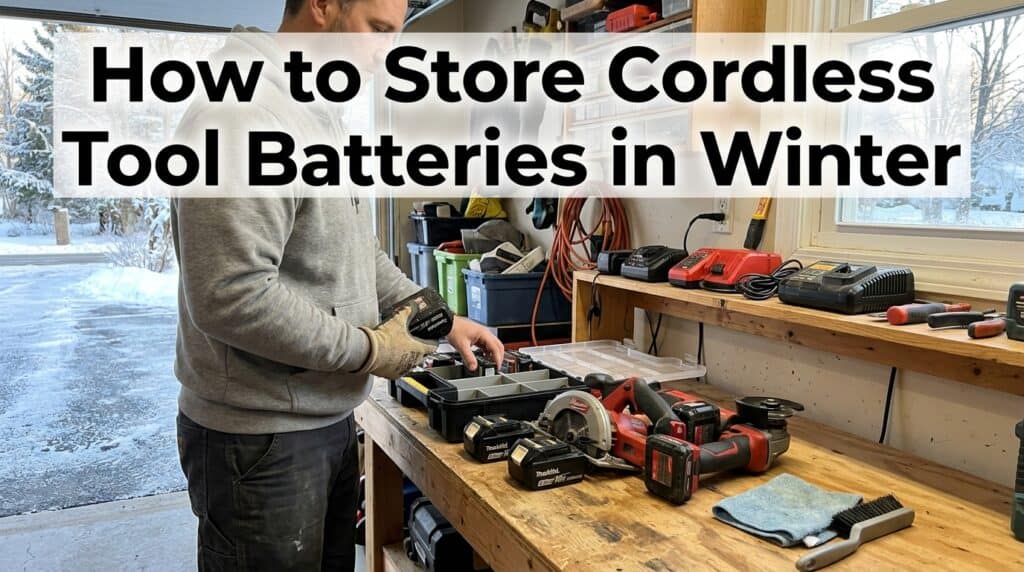 Person organizing cordless tool batteries in a workshop during winter.