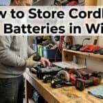 Person organizing cordless tool batteries in a workshop during winter.