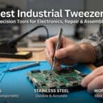 Person using precision tweezers on circuit board in workshop.