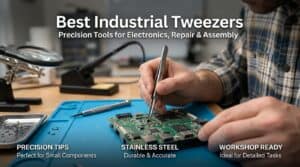 Person using precision tweezers on circuit board in workshop.