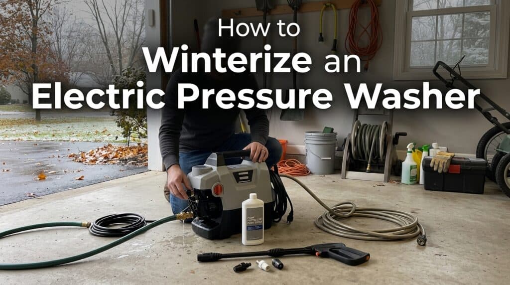 Person winterizing an electric pressure washer in a garage.