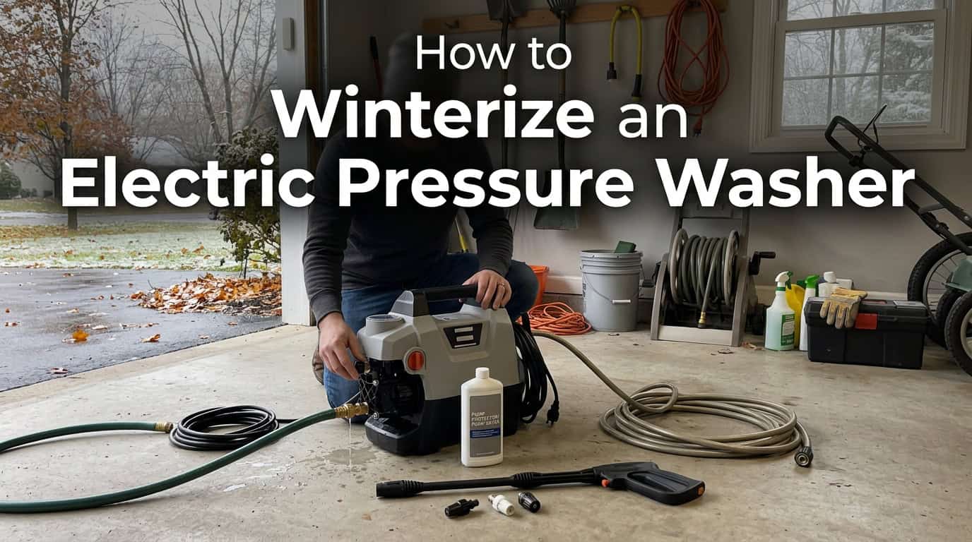 Person winterizing an electric pressure washer in a garage.