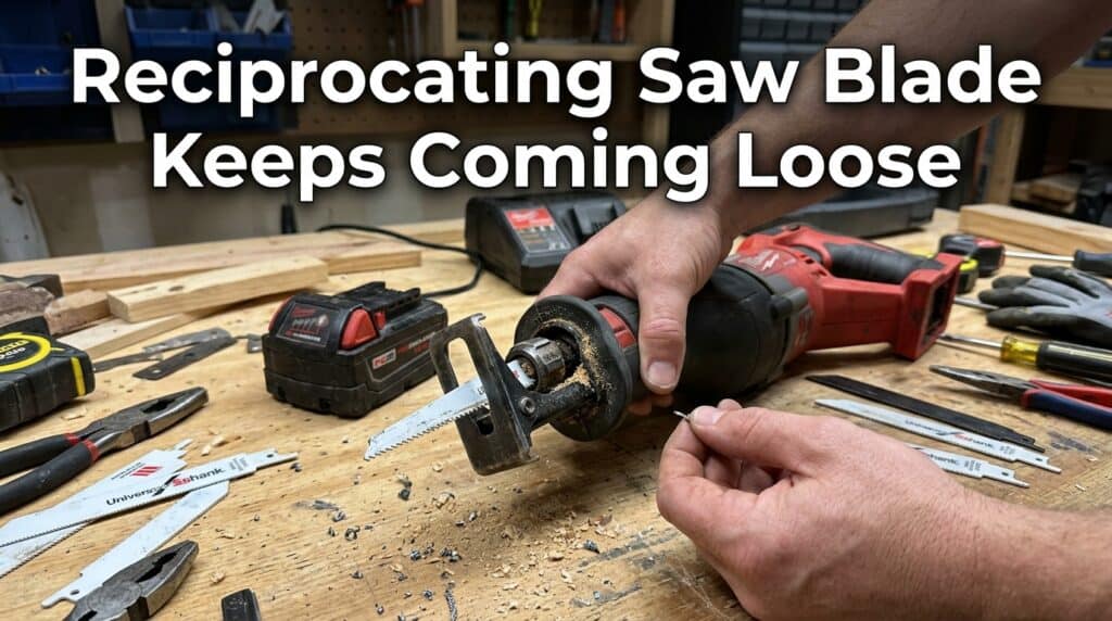 Person inspecting a reciprocating saw blade for looseness or damage.