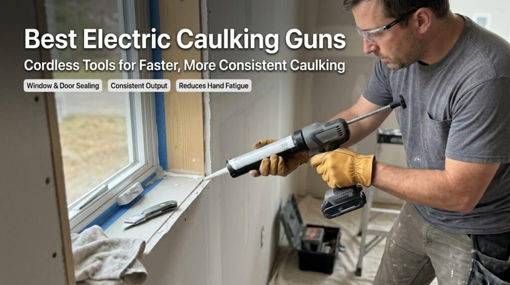 Man using an electric caulking gun for sealing window frame.