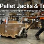 Warehouse worker using a pallet jack to move boxes in a warehouse.