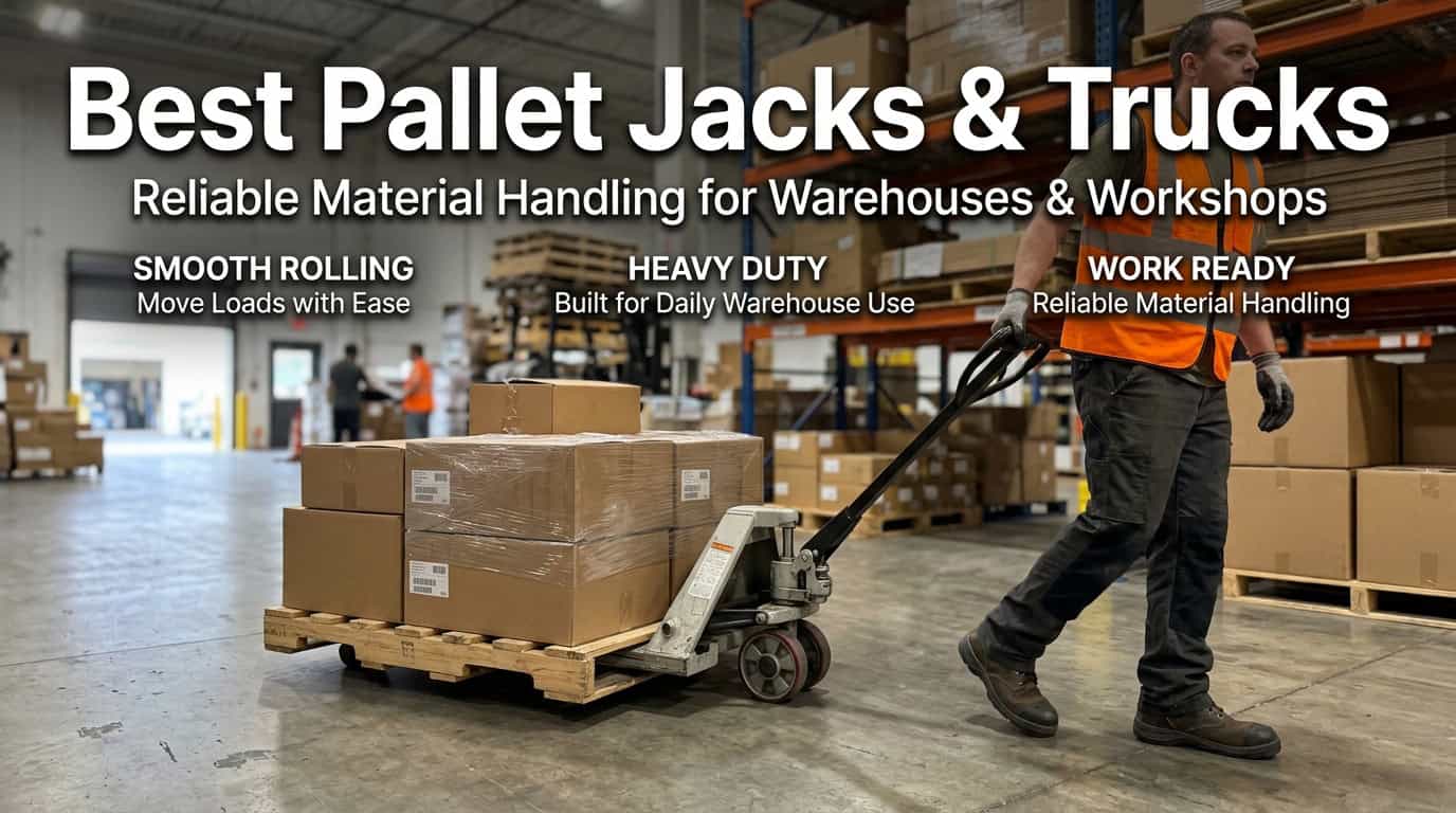 Warehouse worker using a pallet jack to move boxes in a warehouse.