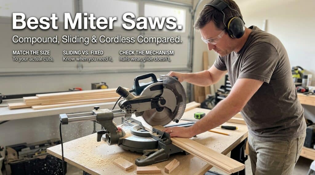 Man using a miter saw in a workshop for precise cuts.