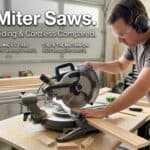 Man using a miter saw in a workshop for precise cuts.