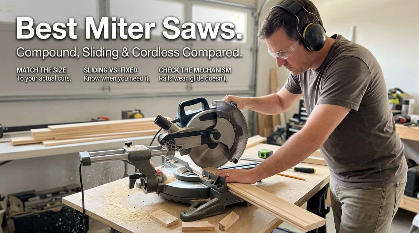 Man using a miter saw in a workshop for precise cuts.