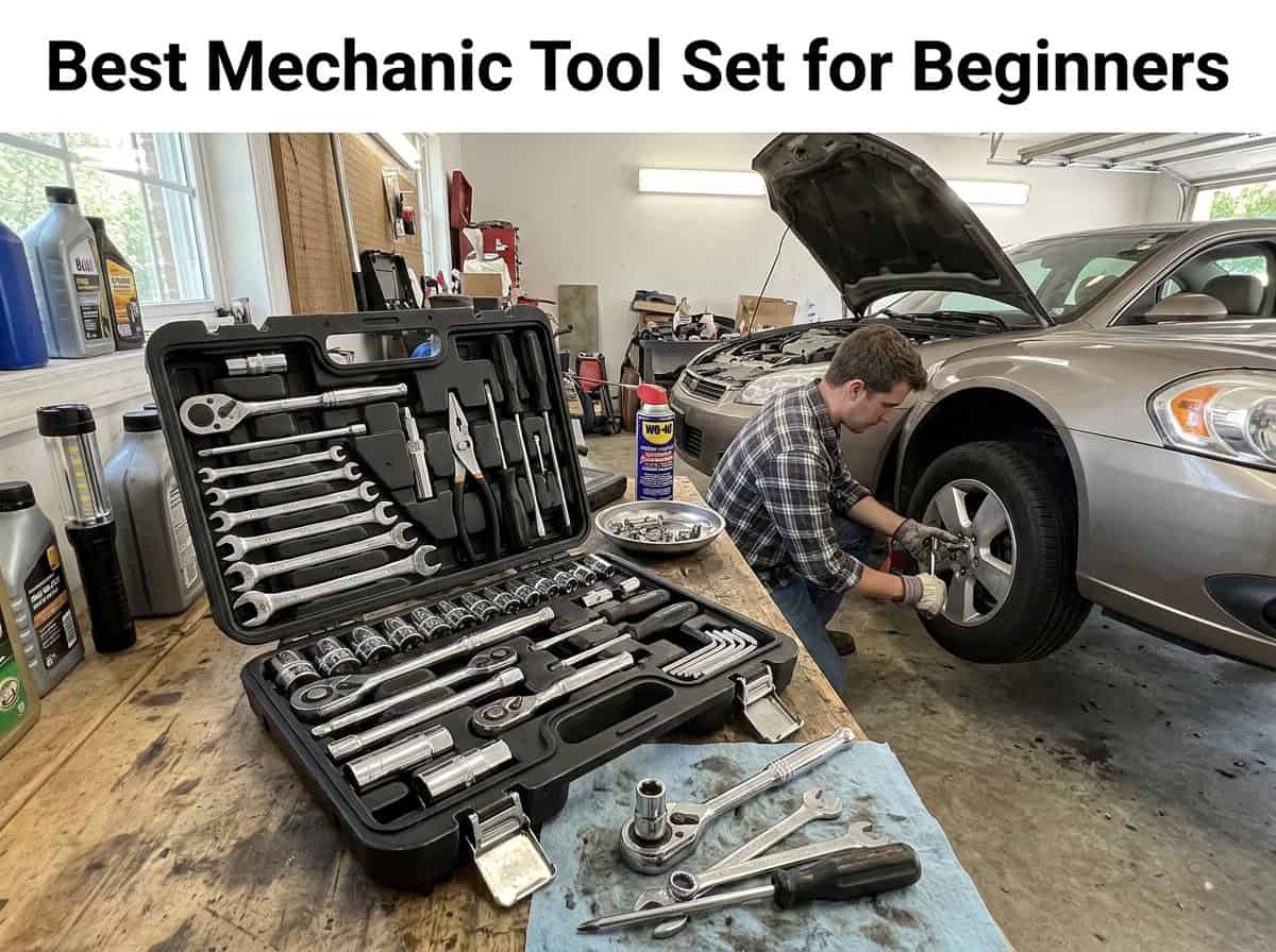 Mechanic working on car with tool set and open hood in garage.