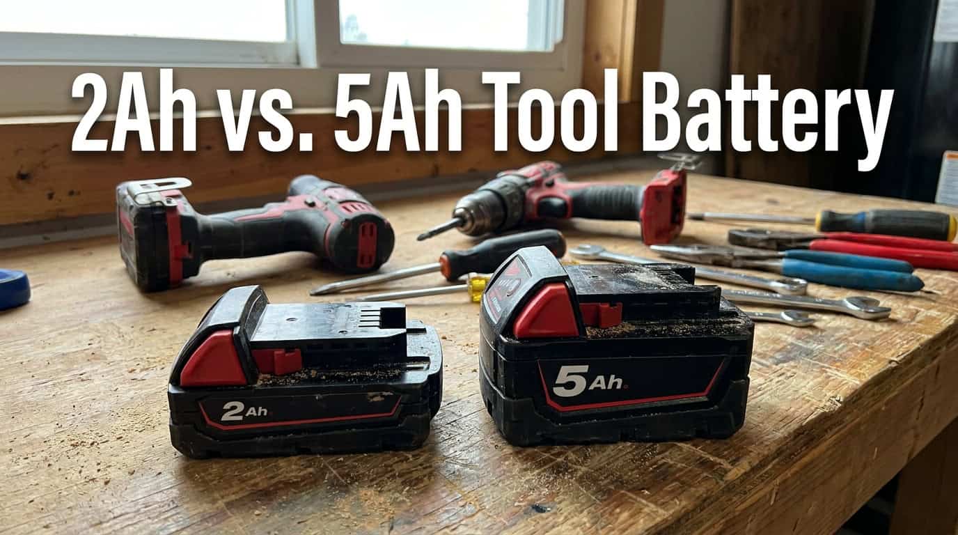 Comparison of 2Ah and 5Ah power tool batteries on workbench.