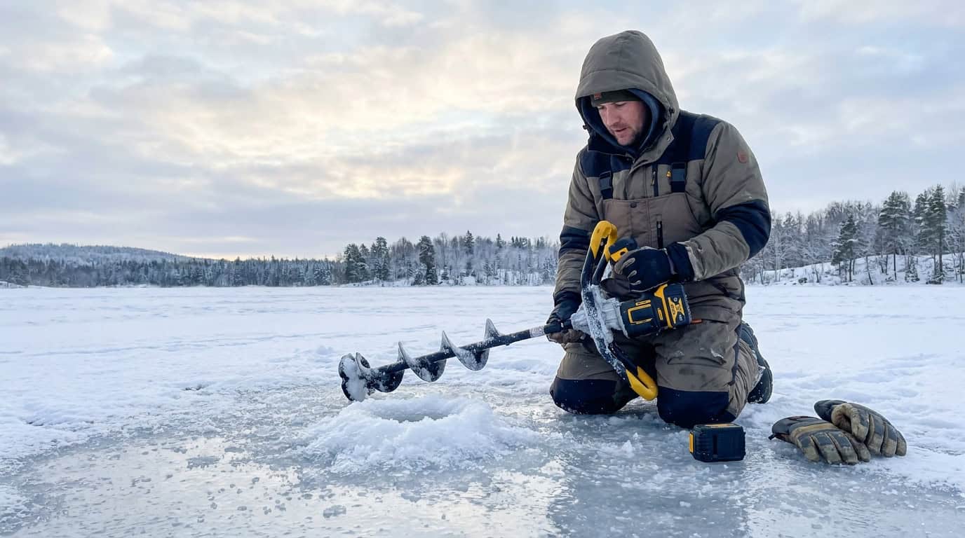 Man kneeling on snow with ice auger in winter landscape.