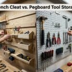 Comparison of French cleat and pegboard tool storage systems in workshop.