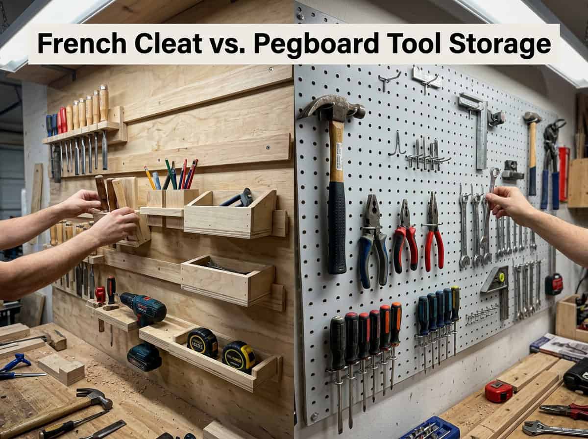 Comparison of French cleat and pegboard tool storage systems in workshop.