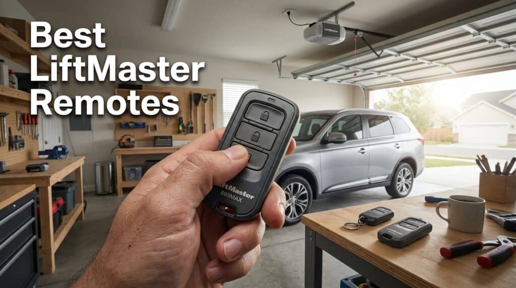 Person holding LiftMaster remote with garage door opener in garage.