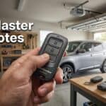 Person holding LiftMaster remote with garage door opener in garage.