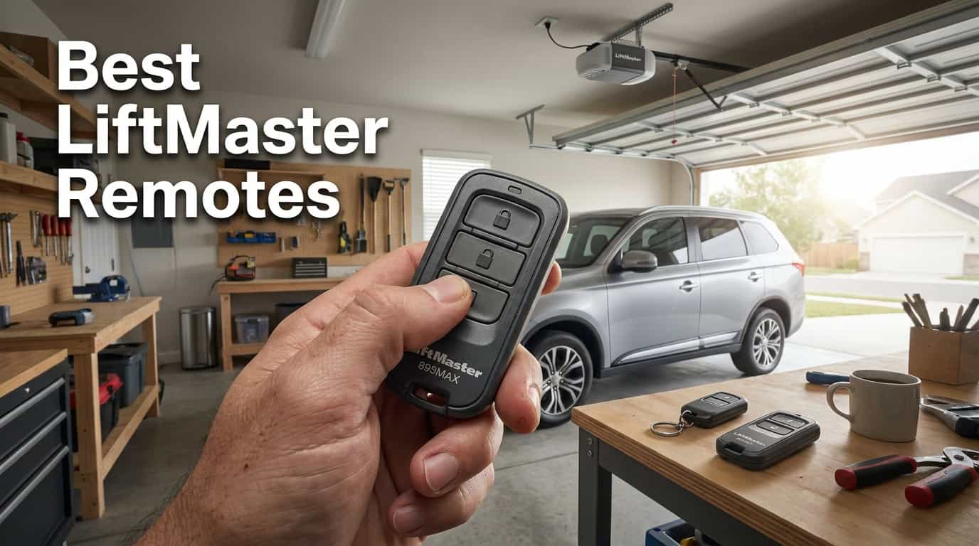 Person holding LiftMaster remote with garage door opener in garage.