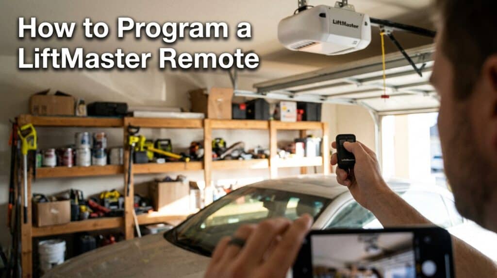 Person programming a LiftMaster garage door remote in a garage workshop.