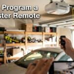 Person programming a LiftMaster garage door remote in a garage workshop.