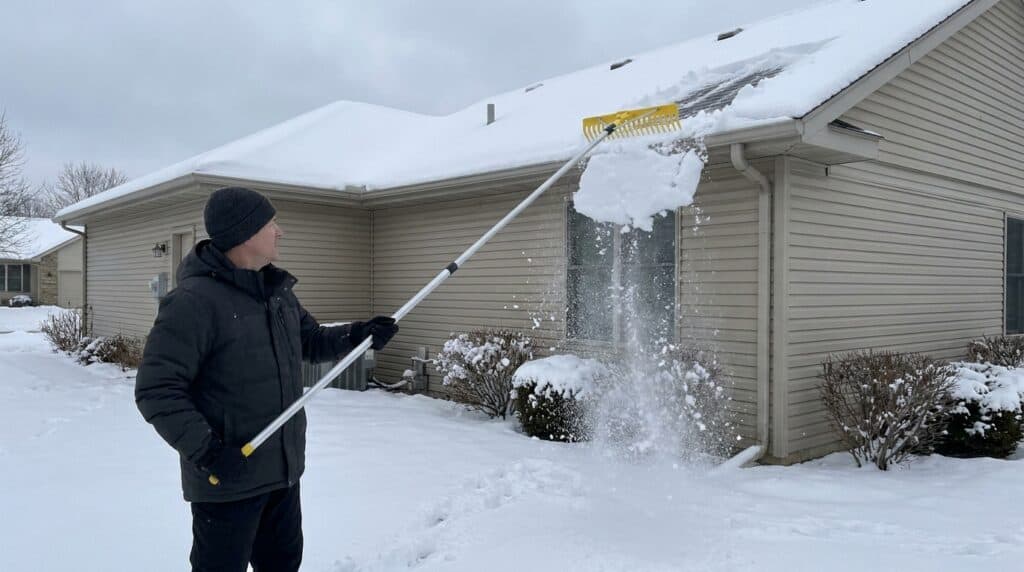 Person using snow rake to clear snow from roof in winter.