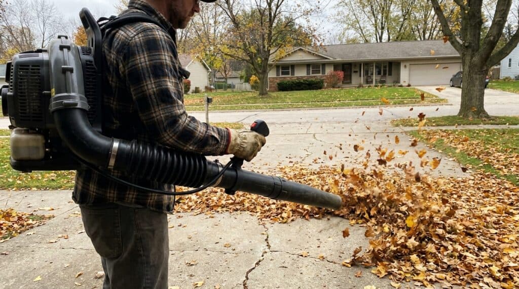 Person using leaf blower to clear leaves from driveway.