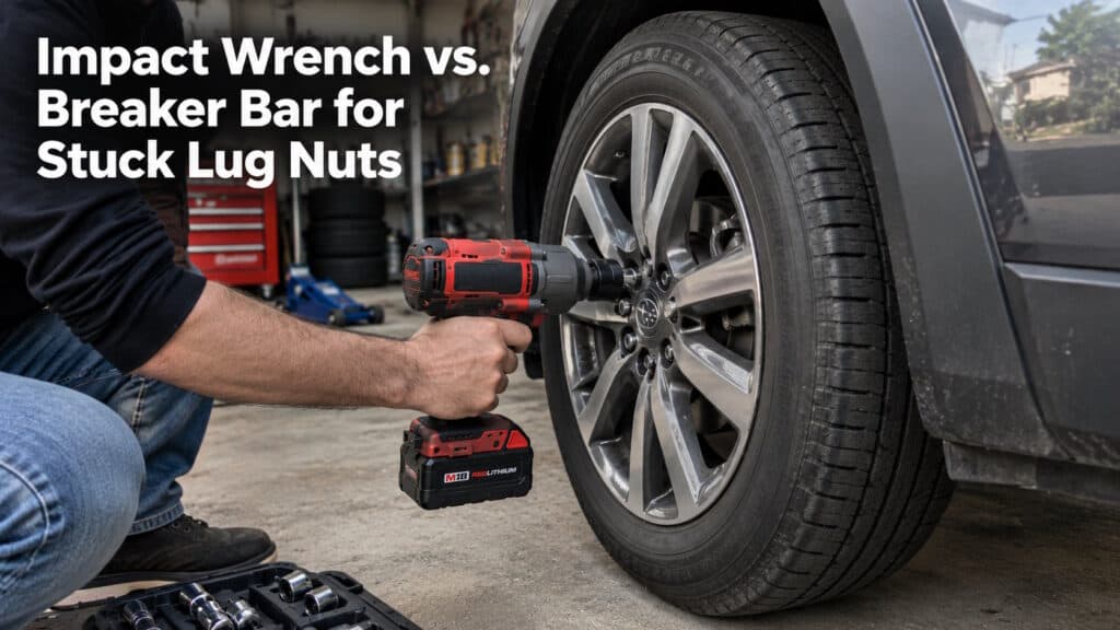 Person using impact wrench on car's lug nut in garage setting.