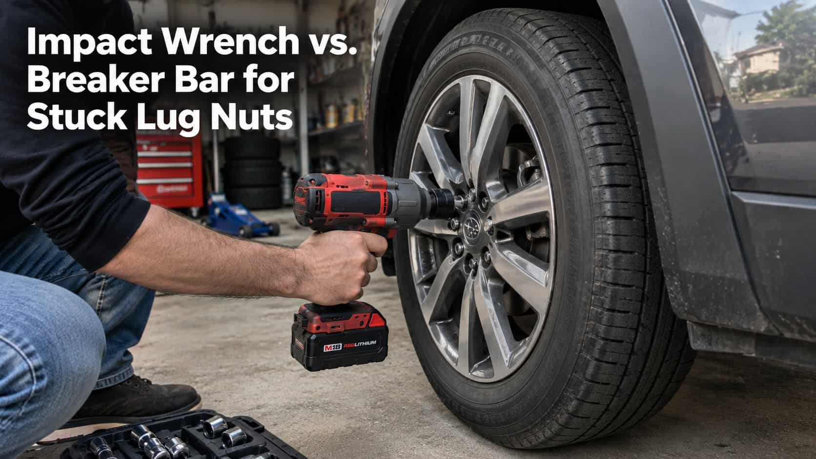 Person using impact wrench on car's lug nut in garage setting.