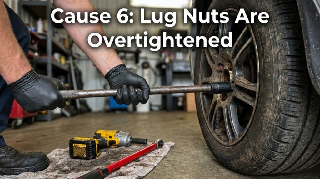 Person using a breaker bar to loosen over-tightened lug nuts on a car wheel.