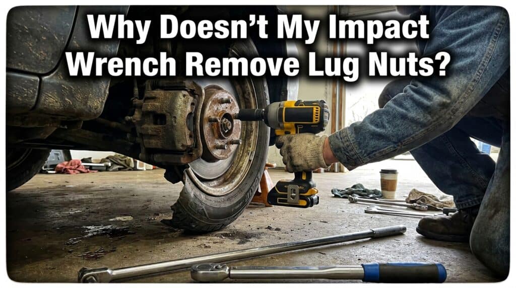 Person using impact wrench on car's lug nut with text overlay.
