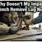 Person using impact wrench on car's lug nut with text overlay.