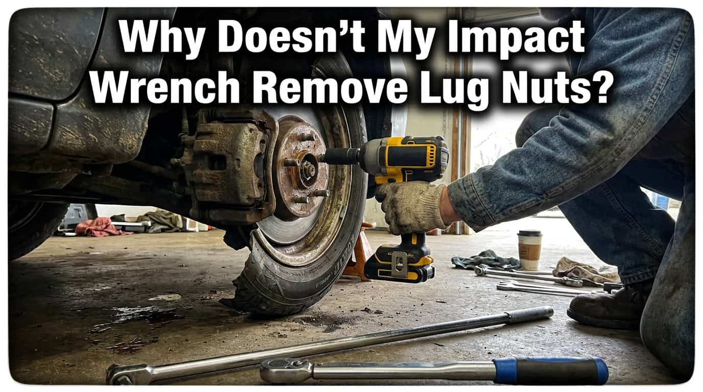 Person using impact wrench on car's lug nut with text overlay.
