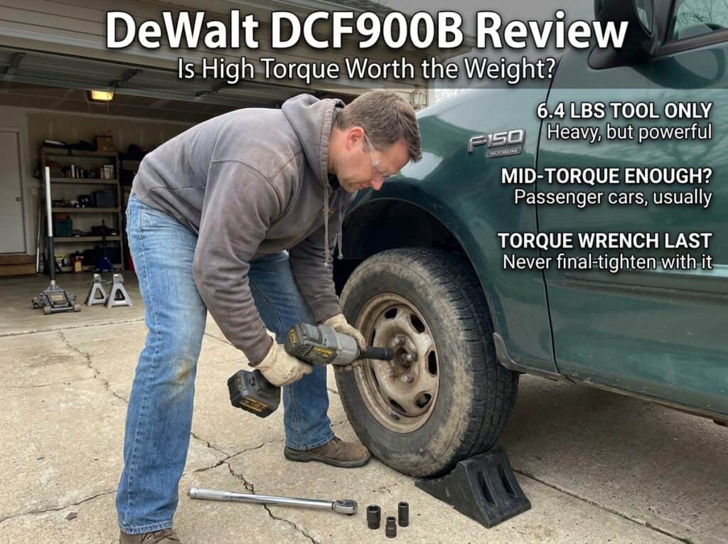 Man using impact wrench to change car tire in garage setting.