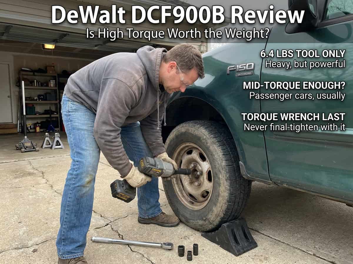 Man using impact wrench to change car tire in garage setting.