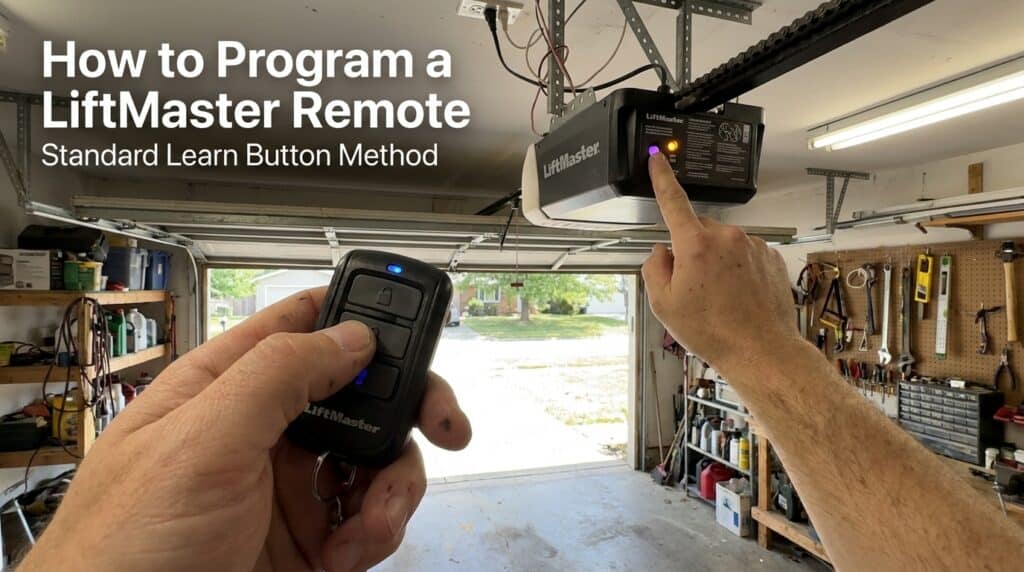 Person programming LiftMaster garage door remote with learn button.