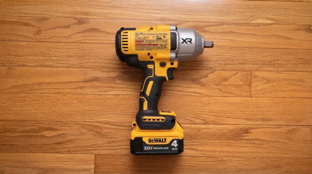 DeWalt DCF900B high-torque impact wrench on wooden floor.