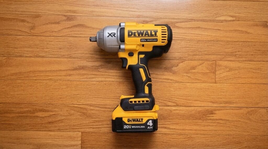 DeWalt DCF900B high-torque impact wrench on wooden floor.